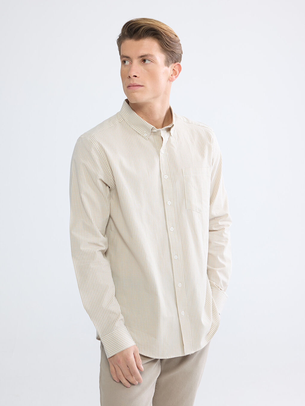 Bej Regular Fit Ekose Erkek Gömlek -1
