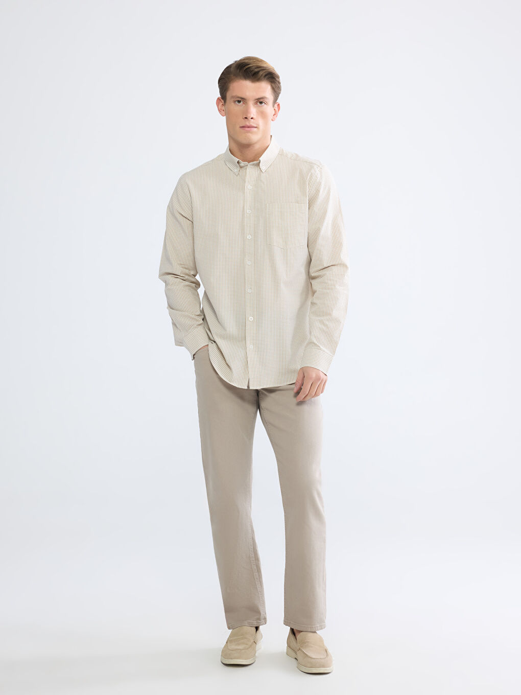 Bej Regular Fit Ekose Erkek Gömlek -2