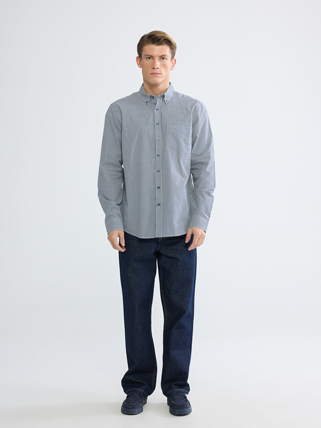 Lacivert Regular Fit Ekose Erkek Gömlek -1