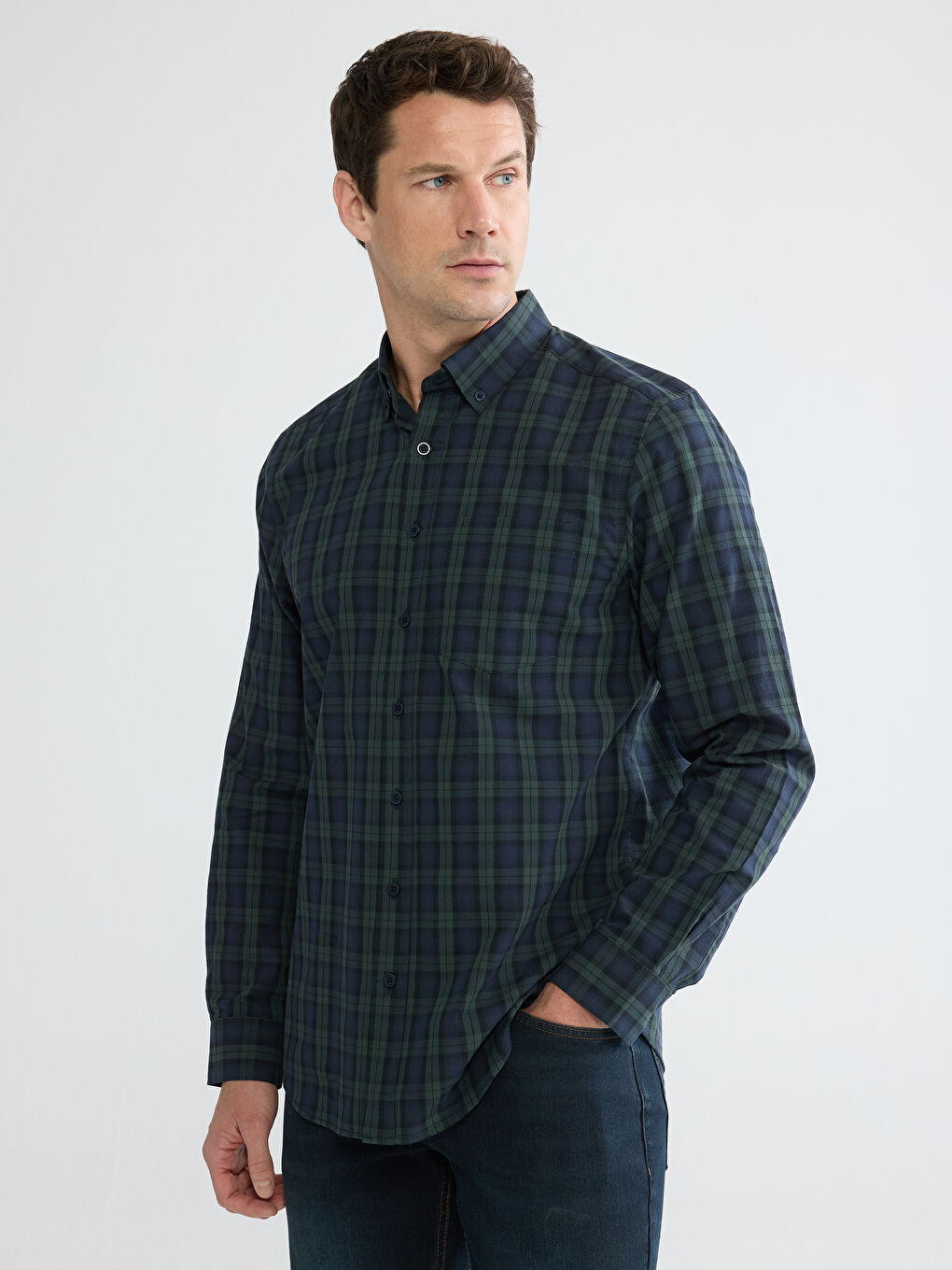 Yeşil Regular Fit Ekose Erkek Gömlek