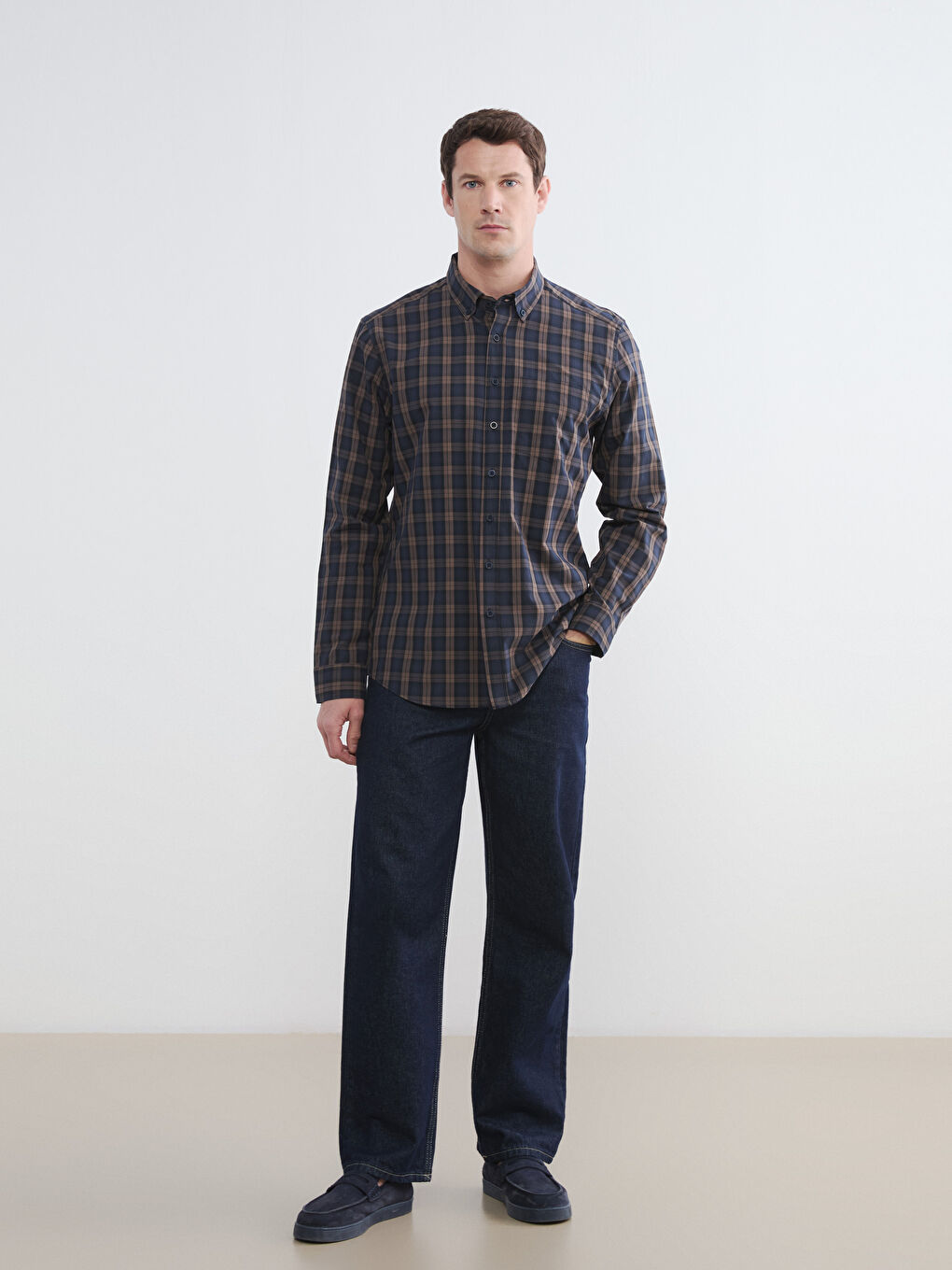 Kahverengi Regular Fit Ekose Erkek Gömlek-1