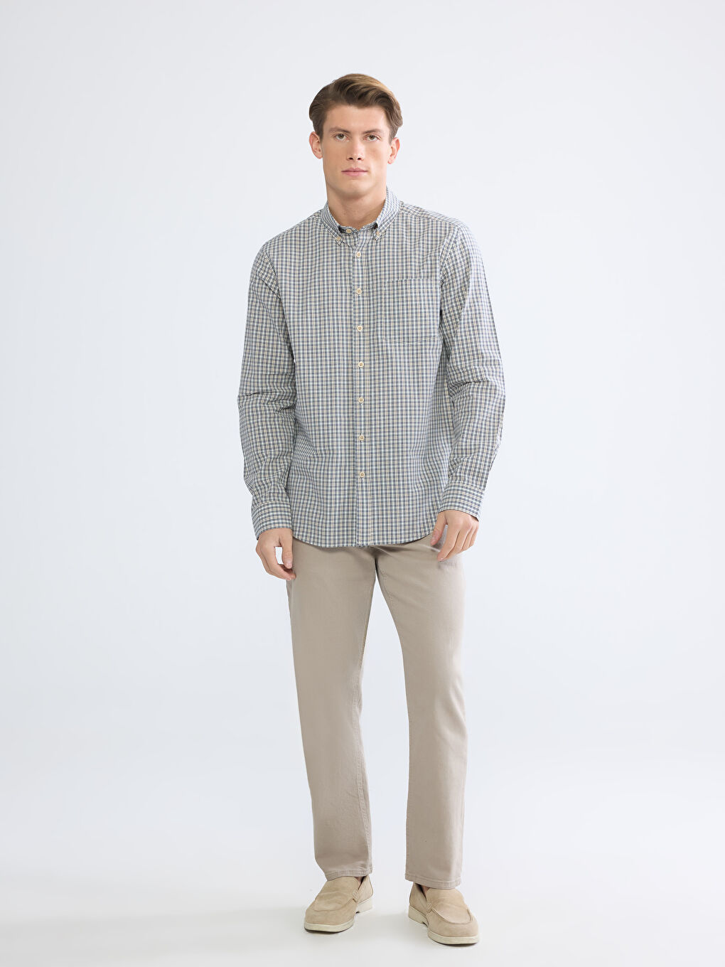 Bej Regular Fit Ekose Erkek Gömlek-1