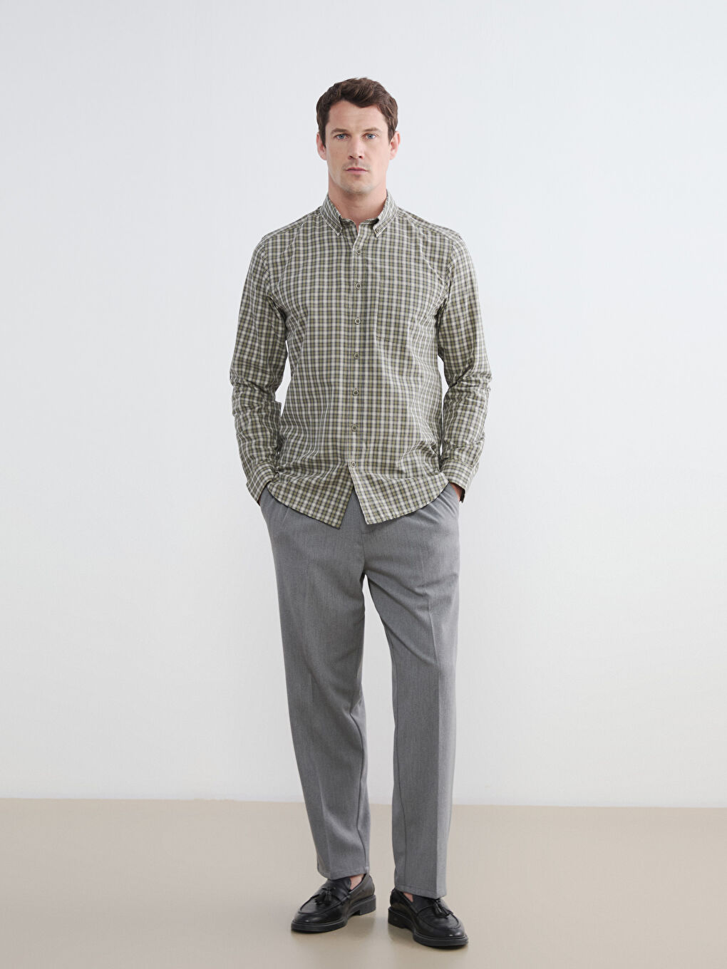Yeşil Regular Fit Ekose Erkek Gömlek-1