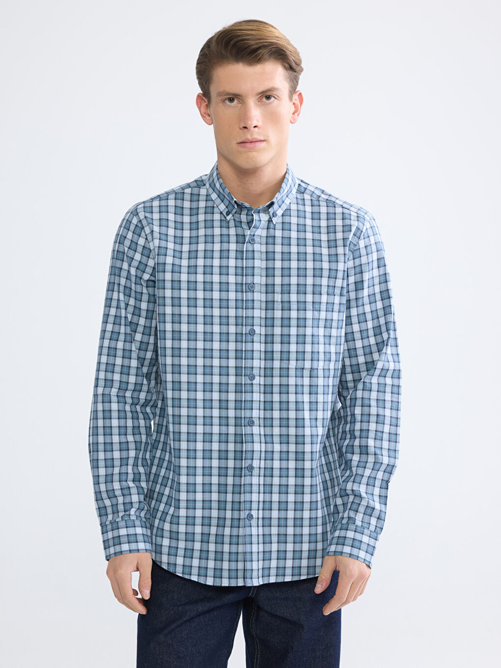 Mavi Regular Fit Ekose Gabardin Erkek Gömlek