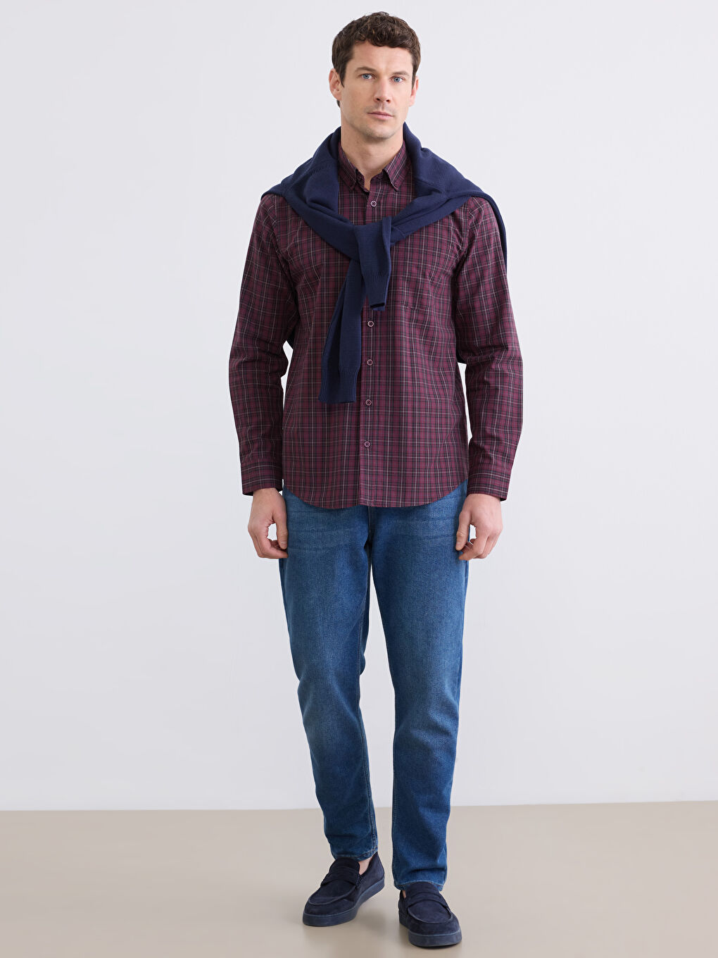 Bordo Regular Fit Ekose Gabardin Erkek Gömlek-1