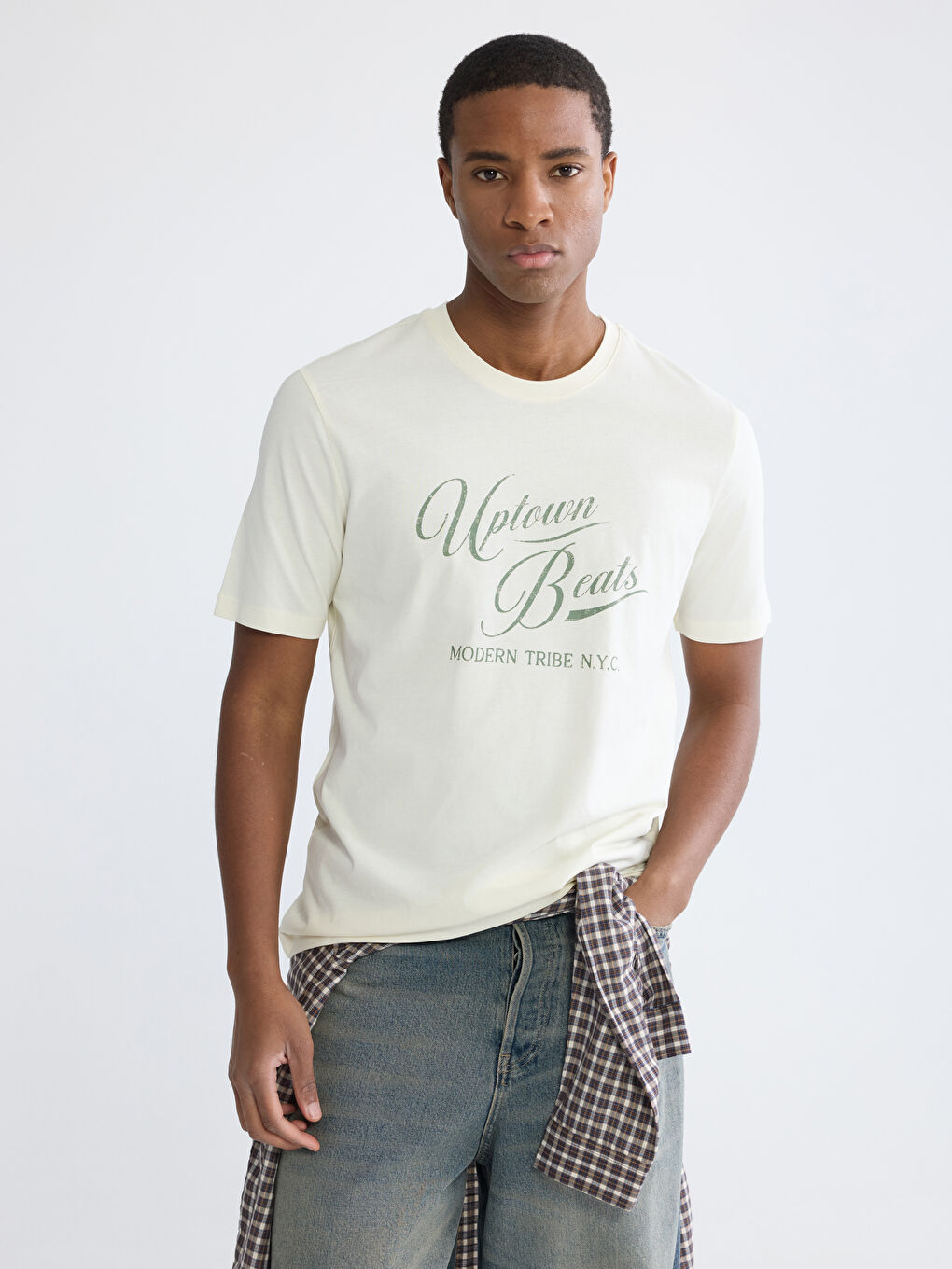 Bej Bisiklet Yaka NYC Baskılı Penye Erkek Tişört