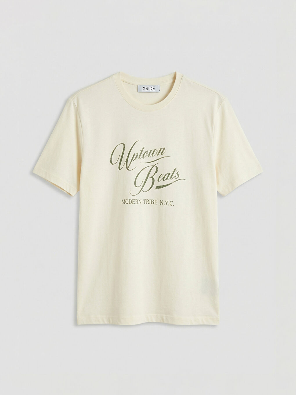 Bej Bisiklet Yaka NYC Baskılı Penye Erkek Tişört-4