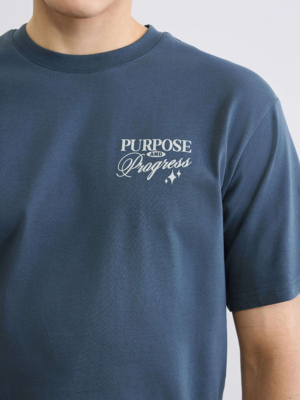 Petrol Bisiklet Yaka Baskılı Penye Erkek Tişört-2