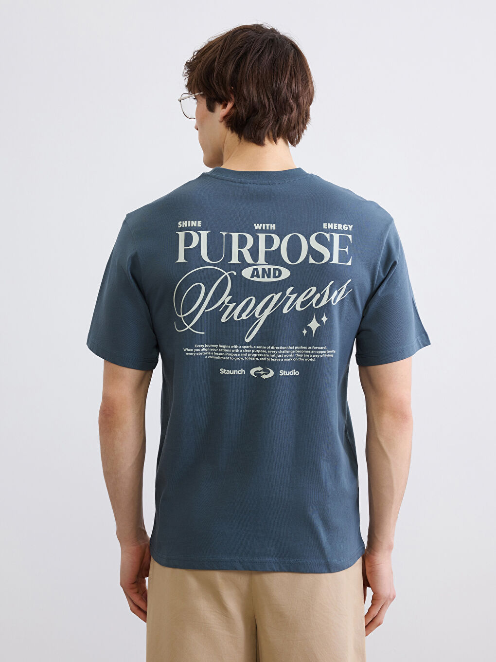 Petrol Bisiklet Yaka Baskılı Penye Erkek Tişört-3