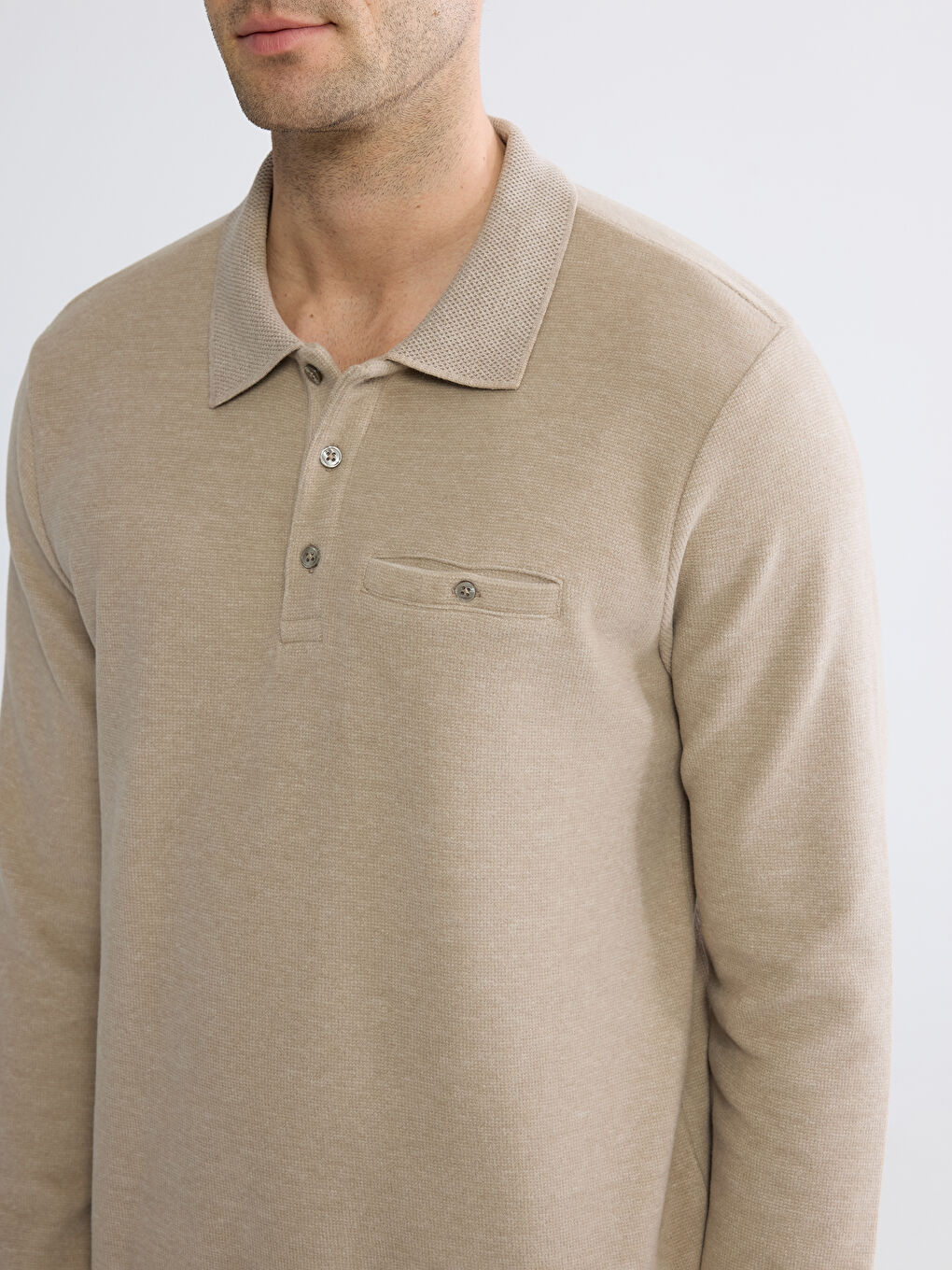 Bej Polo Yaka Erkek Sweatshirt-2