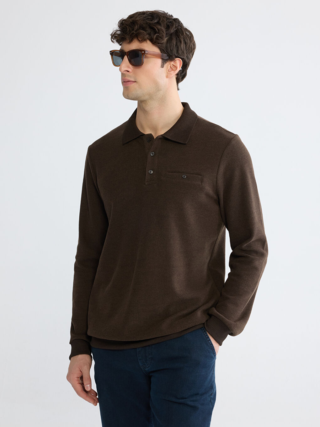 Kahverengi Polo Yaka Erkek Sweatshirt