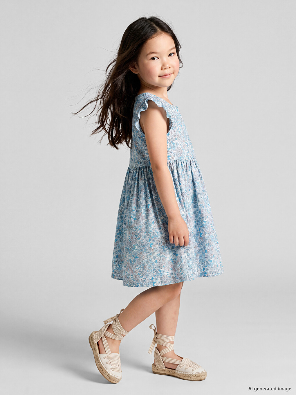 Blumiges Mädchen Leinen-look Kleid-1