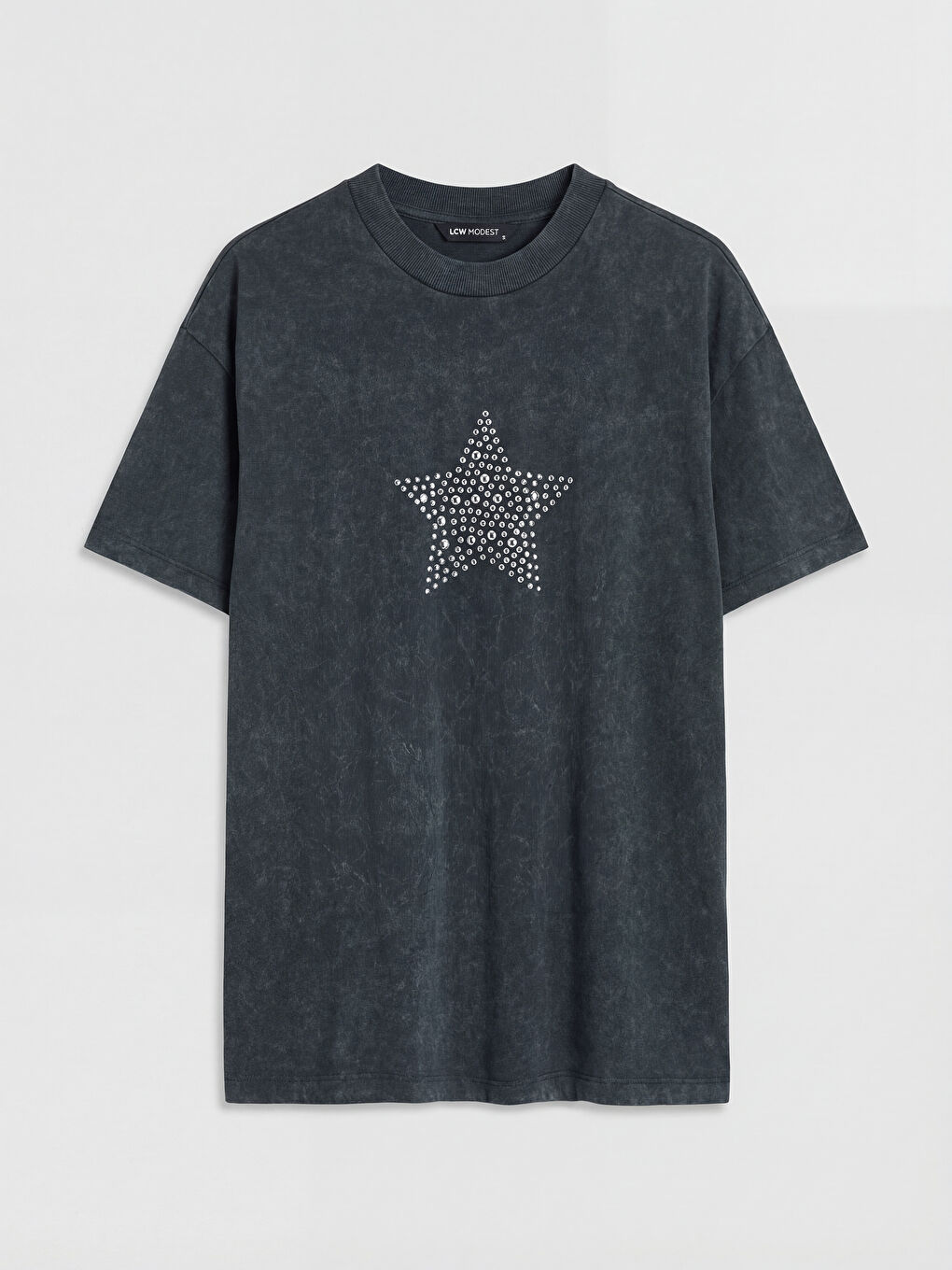 Antrasit Bisiklet Yaka Taşlı Kadın Tişört