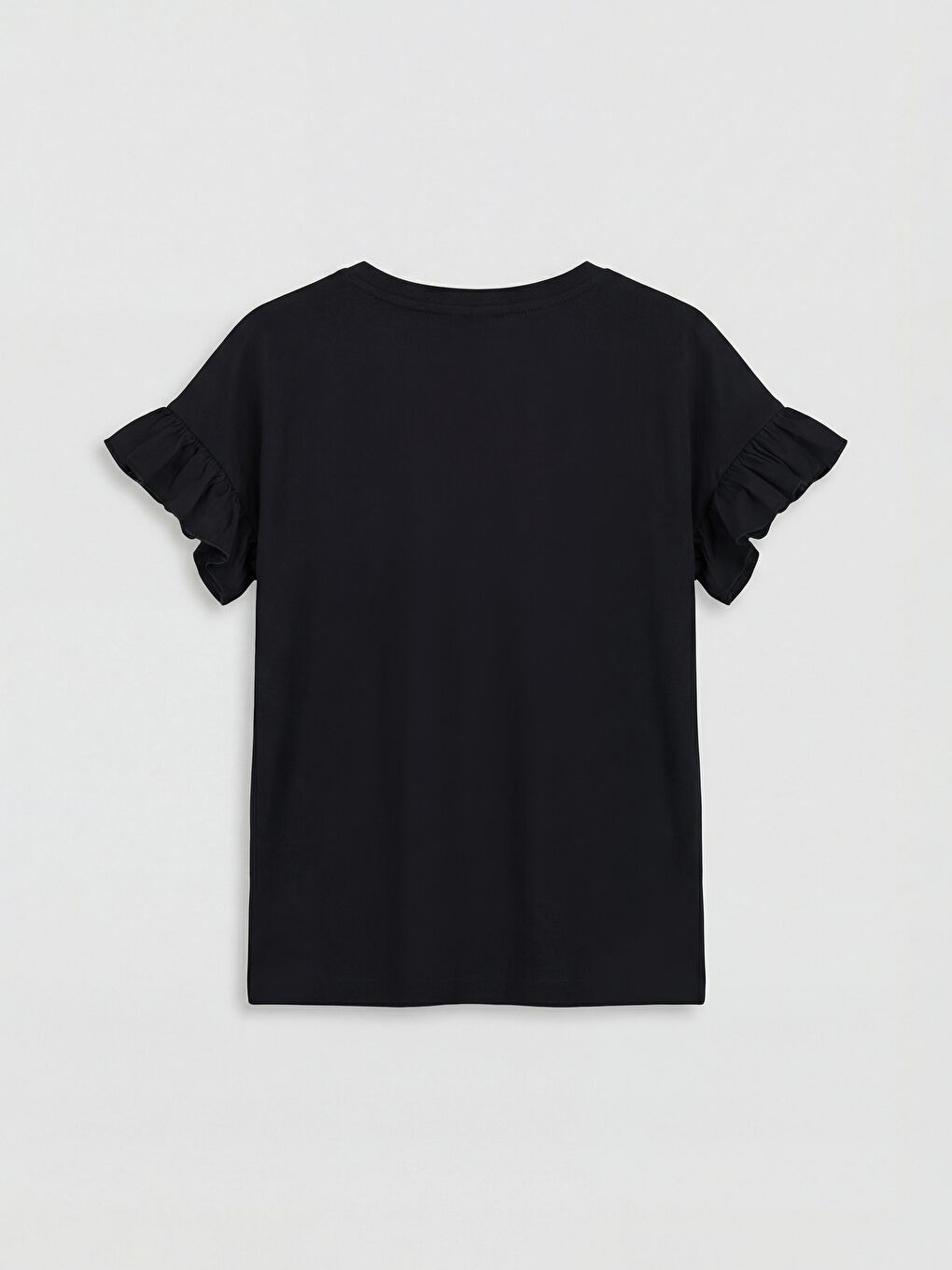 Siyah Bisiklet Yaka Fırfırlı Kız Çocuk Tişört-1