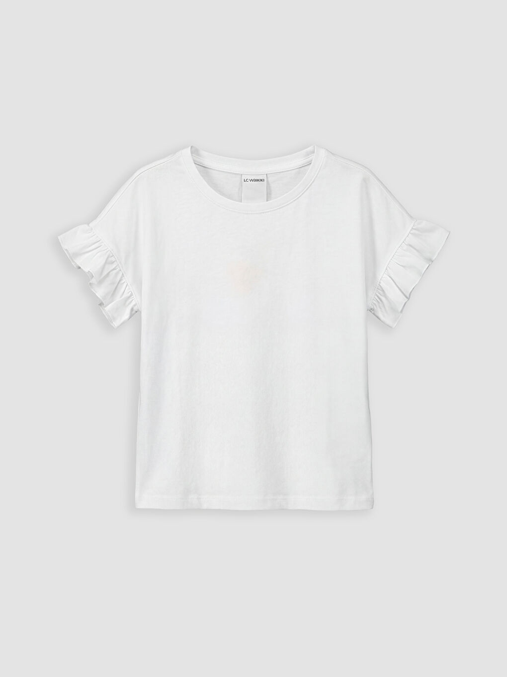 Beyaz Bisiklet Yaka Fırfırlı Kız Çocuk Tişört