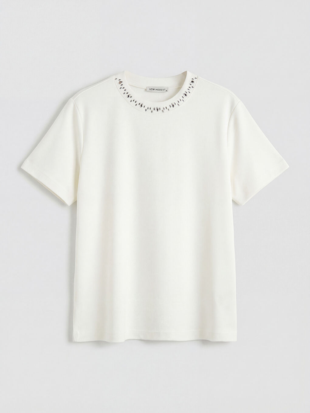 Ekru Bisiklet Yaka Taşlı Kadın Tişört-3