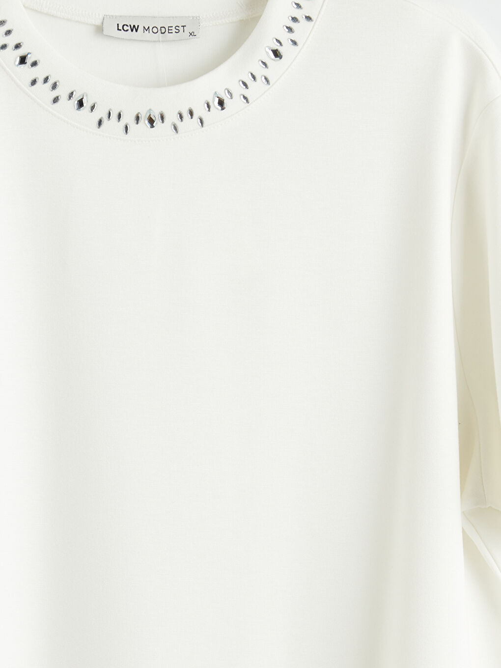 Ekru Bisiklet Yaka Taşlı Kadın Tişört-5