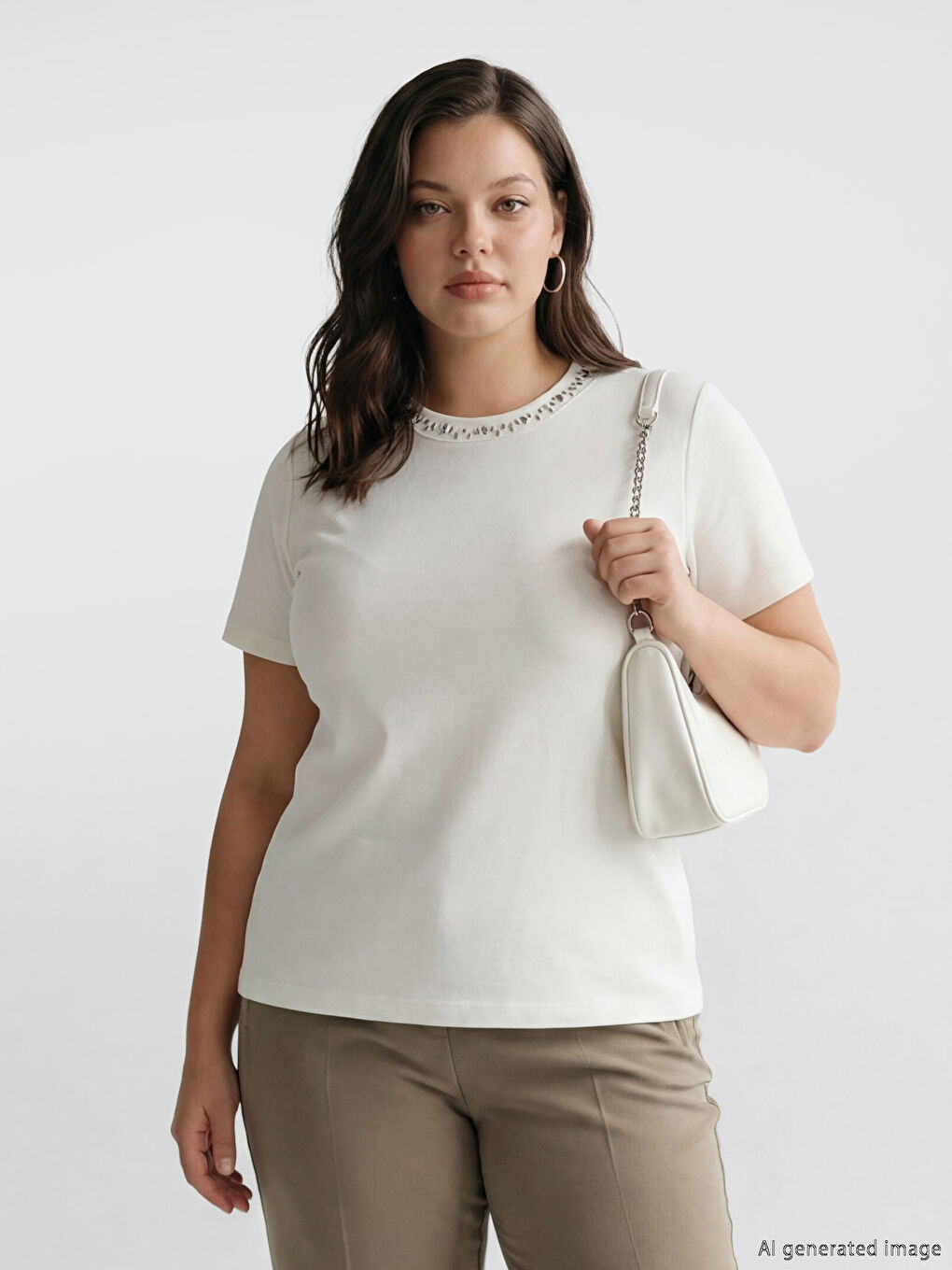 Ekru Bisiklet Yaka Taşlı Kadın Tişört