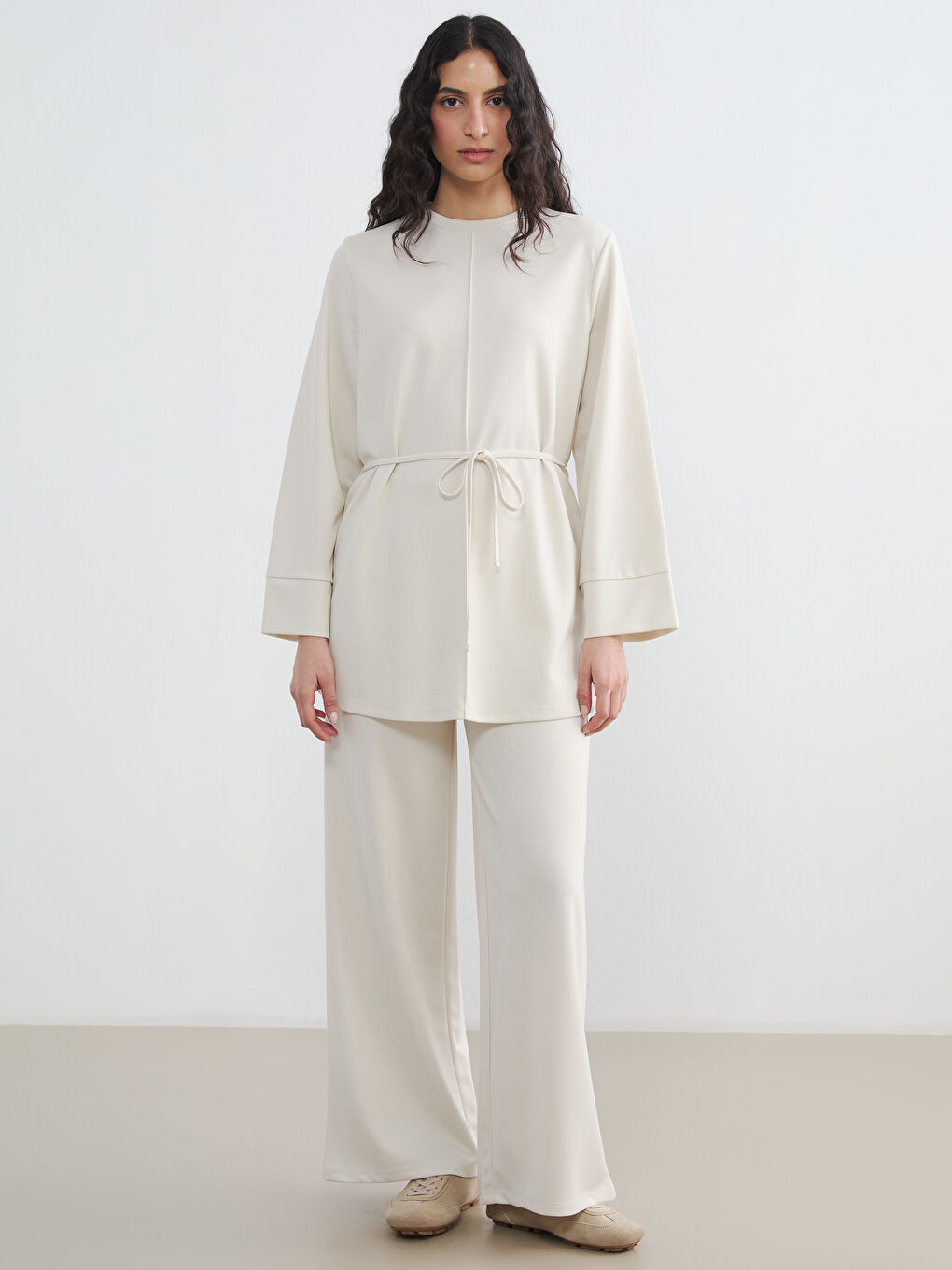 Bej Kuşaklı Soft Touch Kadın Sweatshirt Tunik-1