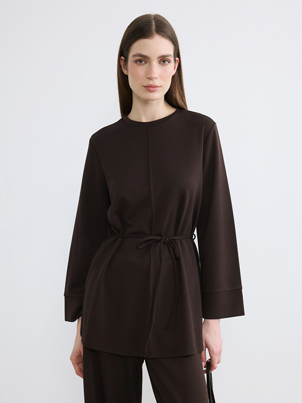 Kahverengi Kuşaklı Soft Touch Kadın Sweatshirt Tunik