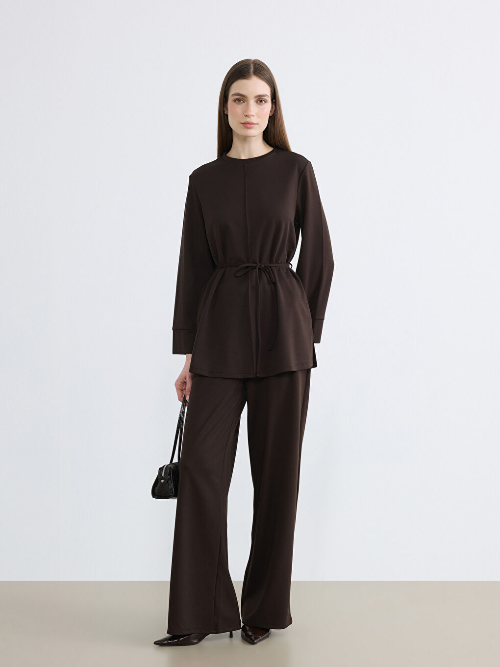 Kahverengi Kuşaklı Soft Touch Kadın Sweatshirt Tunik-1