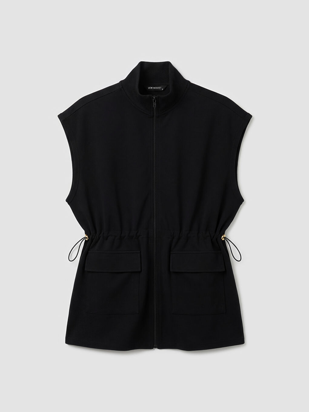 Siyah Dik Yaka Oversize Büzgülü Kadın Yelek