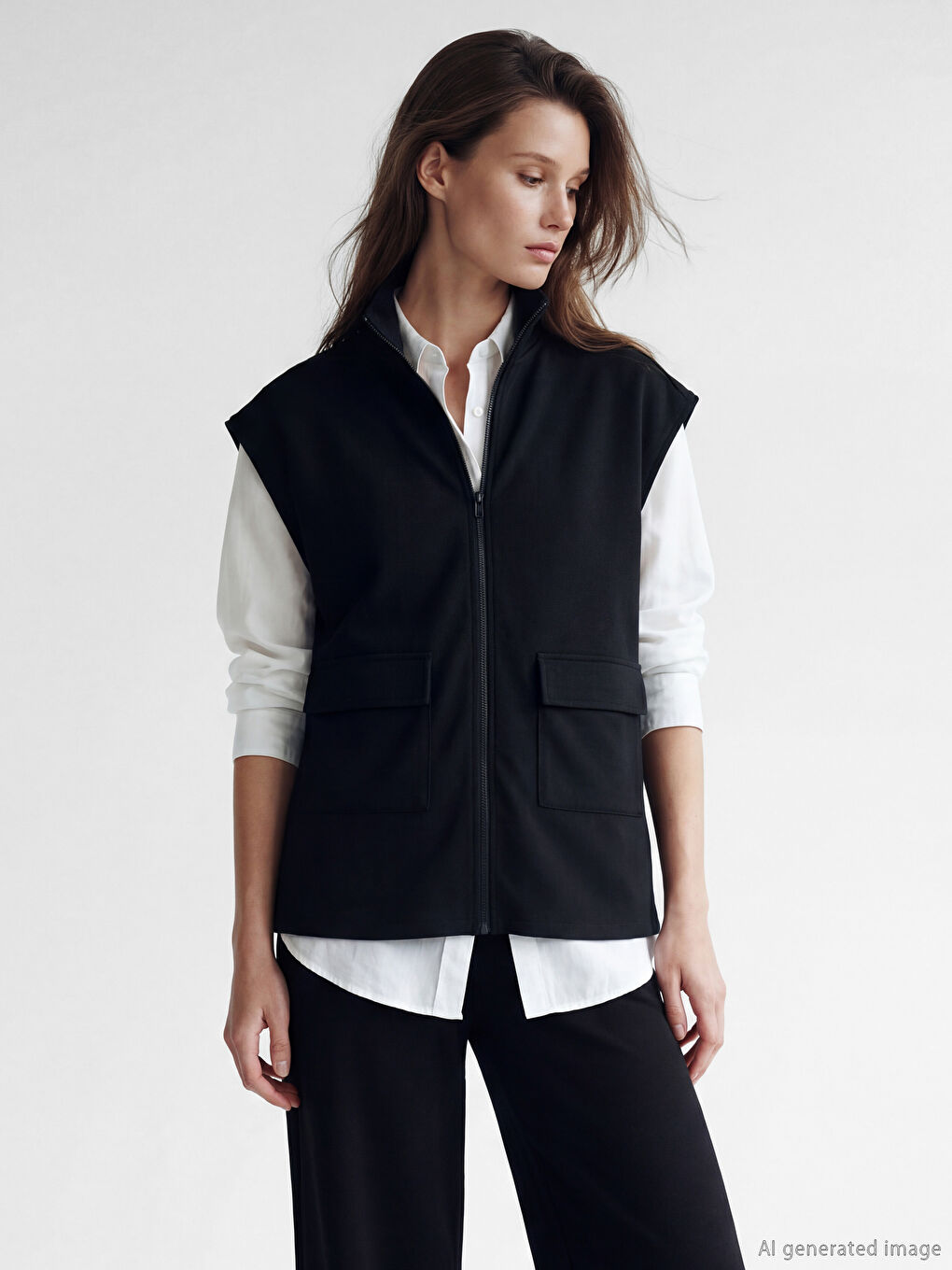 Siyah Dik Yaka Oversize Büzgülü Kadın Yelek