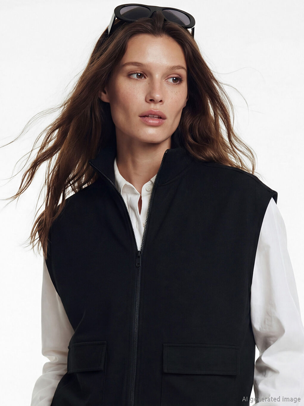 Siyah Dik Yaka Oversize Büzgülü Kadın Yelek-2