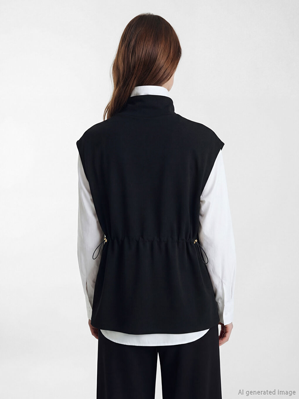 Siyah Dik Yaka Oversize Büzgülü Kadın Yelek-3