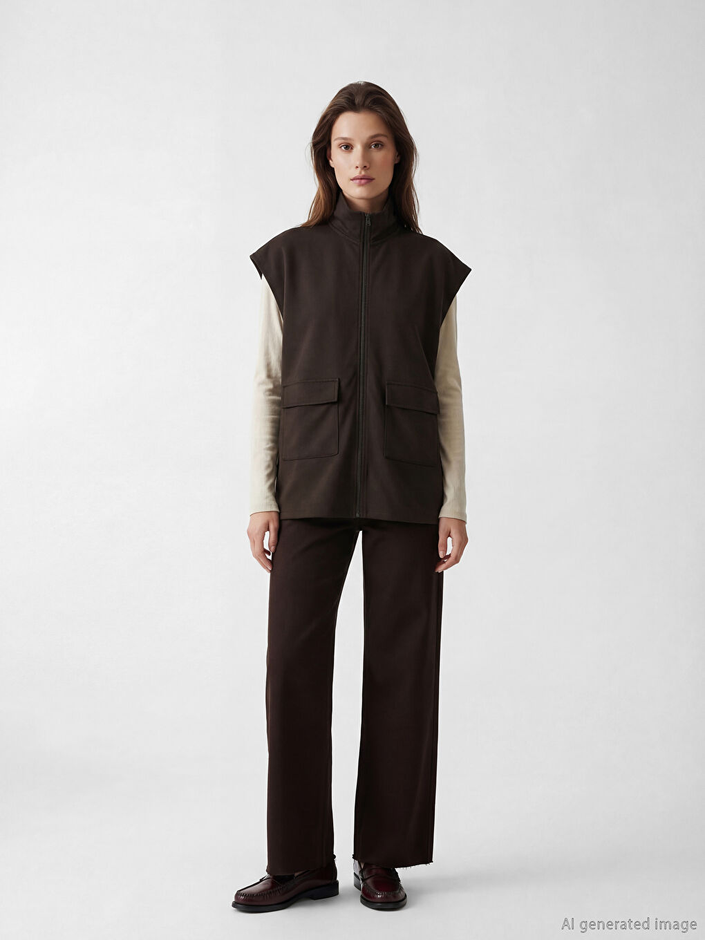 Kahverengi Dik Yaka Oversize Büzgülü Kadın Yelek-1