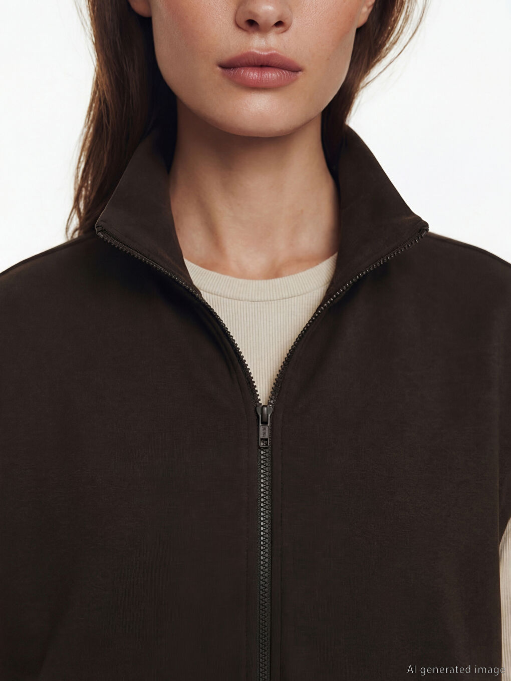 Kahverengi Dik Yaka Oversize Büzgülü Kadın Yelek-2