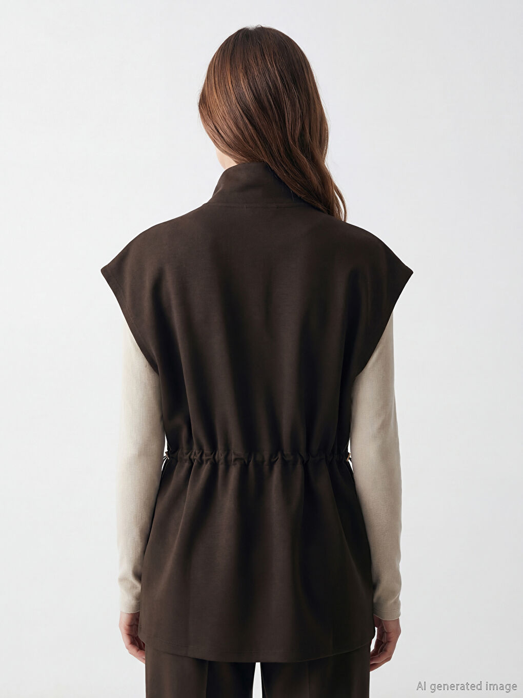 Kahverengi Dik Yaka Oversize Büzgülü Kadın Yelek-3