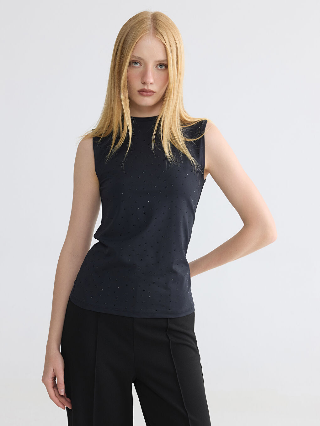 Crew Neck Rhinestone Embellished Tank Top