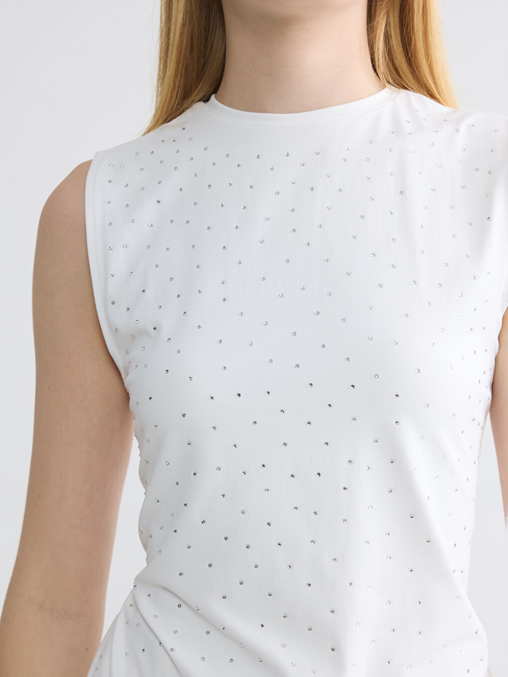 Beyaz Bisiklet Yaka Taşlı Atlet-2