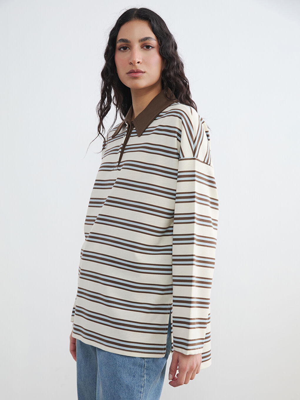 Mavi Polo Yaka Çizgili Kadın Sweatshirt Tunik