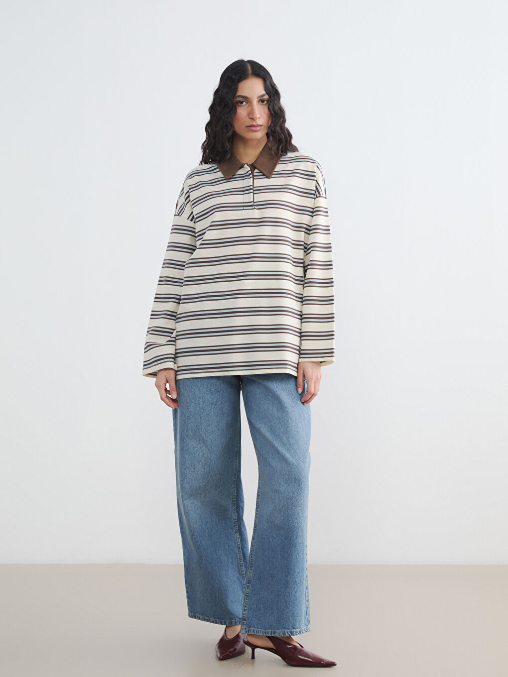 Mavi Polo Yaka Çizgili Kadın Sweatshirt Tunik-1