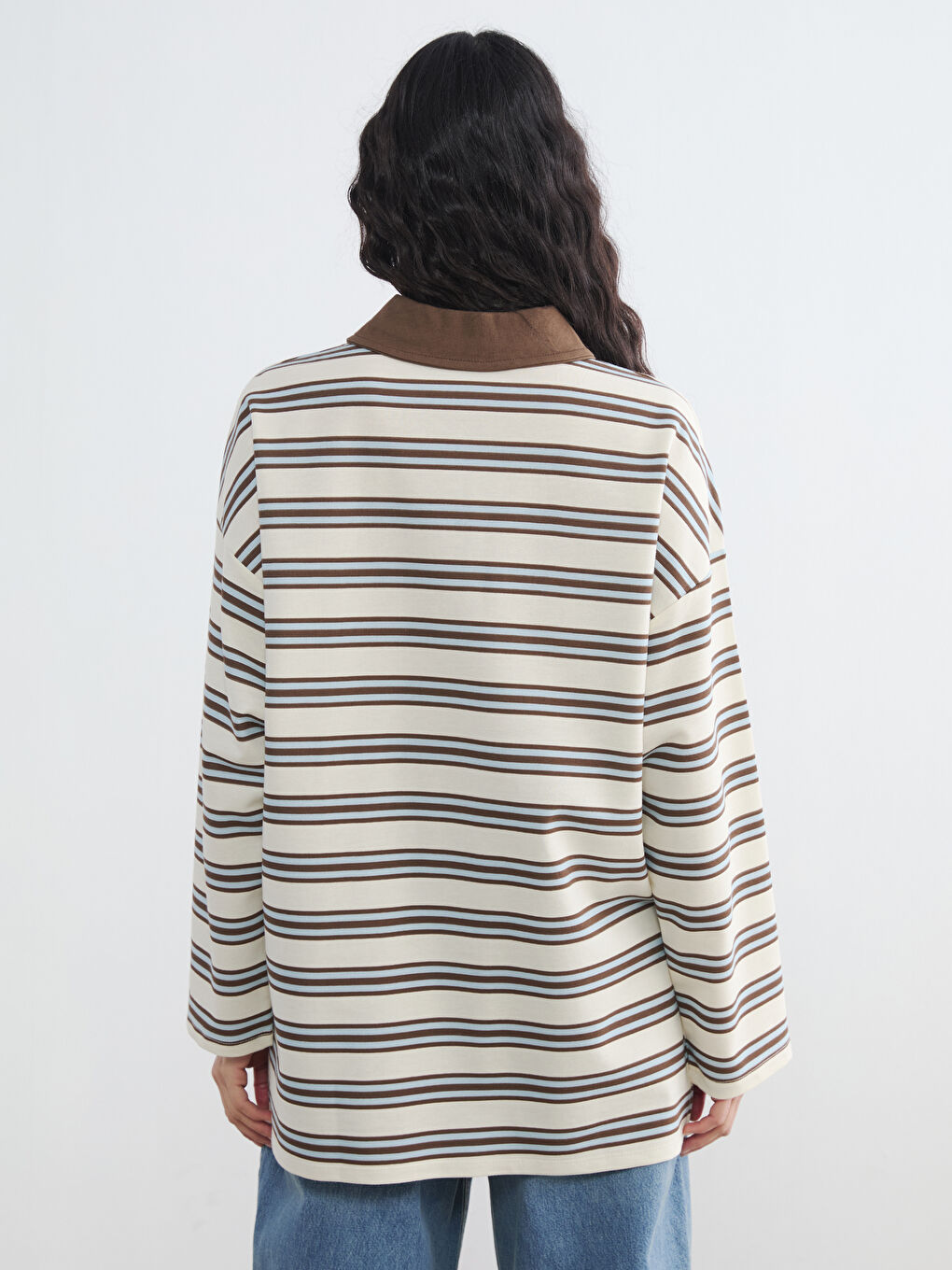 Mavi Polo Yaka Çizgili Kadın Sweatshirt Tunik-4