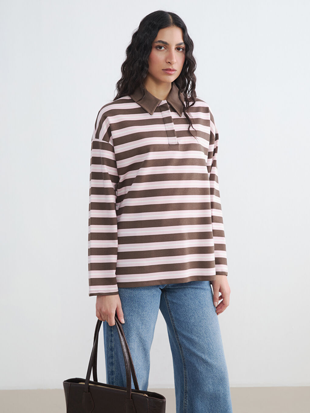 Kahverengi Polo Yaka Çizgili Kadın Sweatshirt Tunik