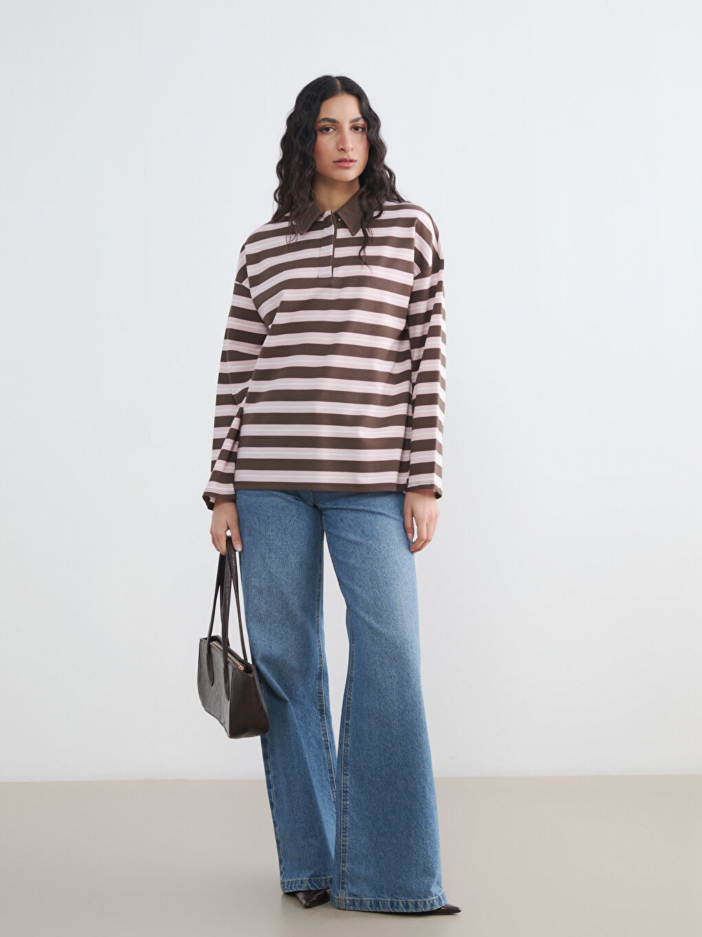 Kahverengi Polo Yaka Çizgili Kadın Sweatshirt Tunik-1