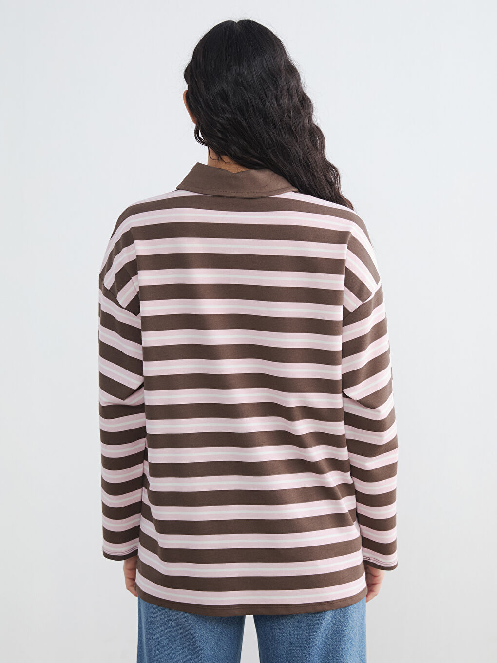 Kahverengi Polo Yaka Çizgili Kadın Sweatshirt Tunik-3