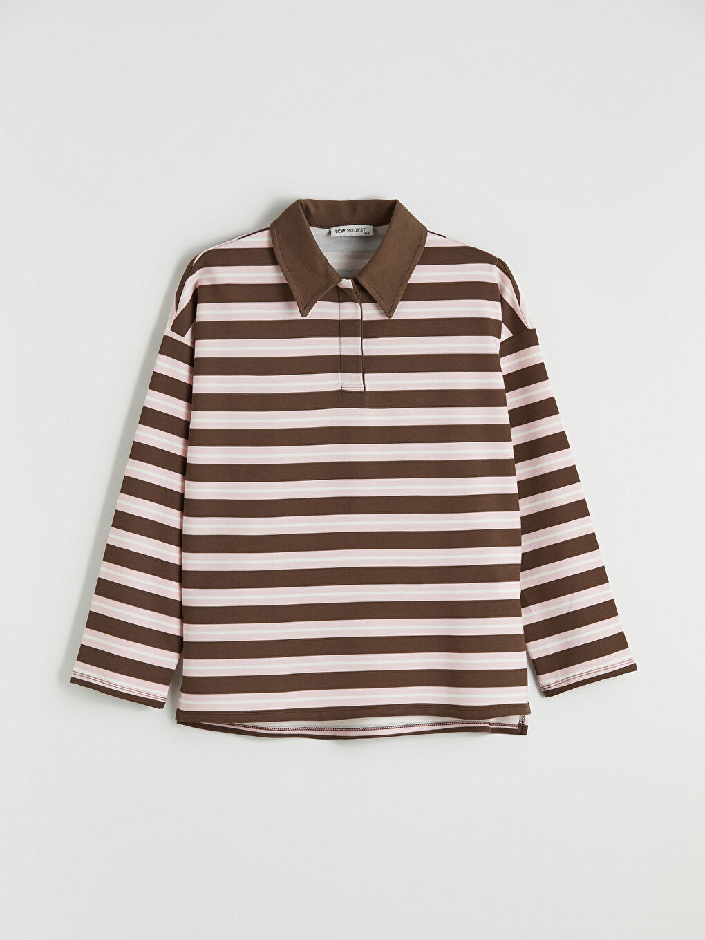 Kahverengi Polo Yaka Çizgili Kadın Sweatshirt Tunik-4