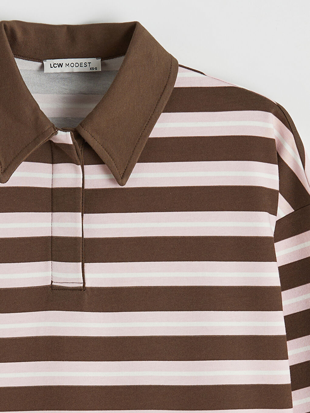 Kahverengi Polo Yaka Çizgili Kadın Sweatshirt Tunik-5