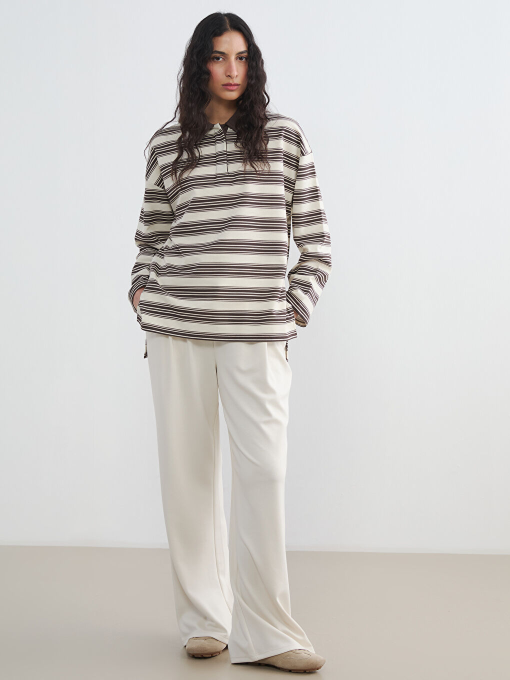 Ekru Polo Yaka Çizgili Kadın Sweatshirt Tunik-1