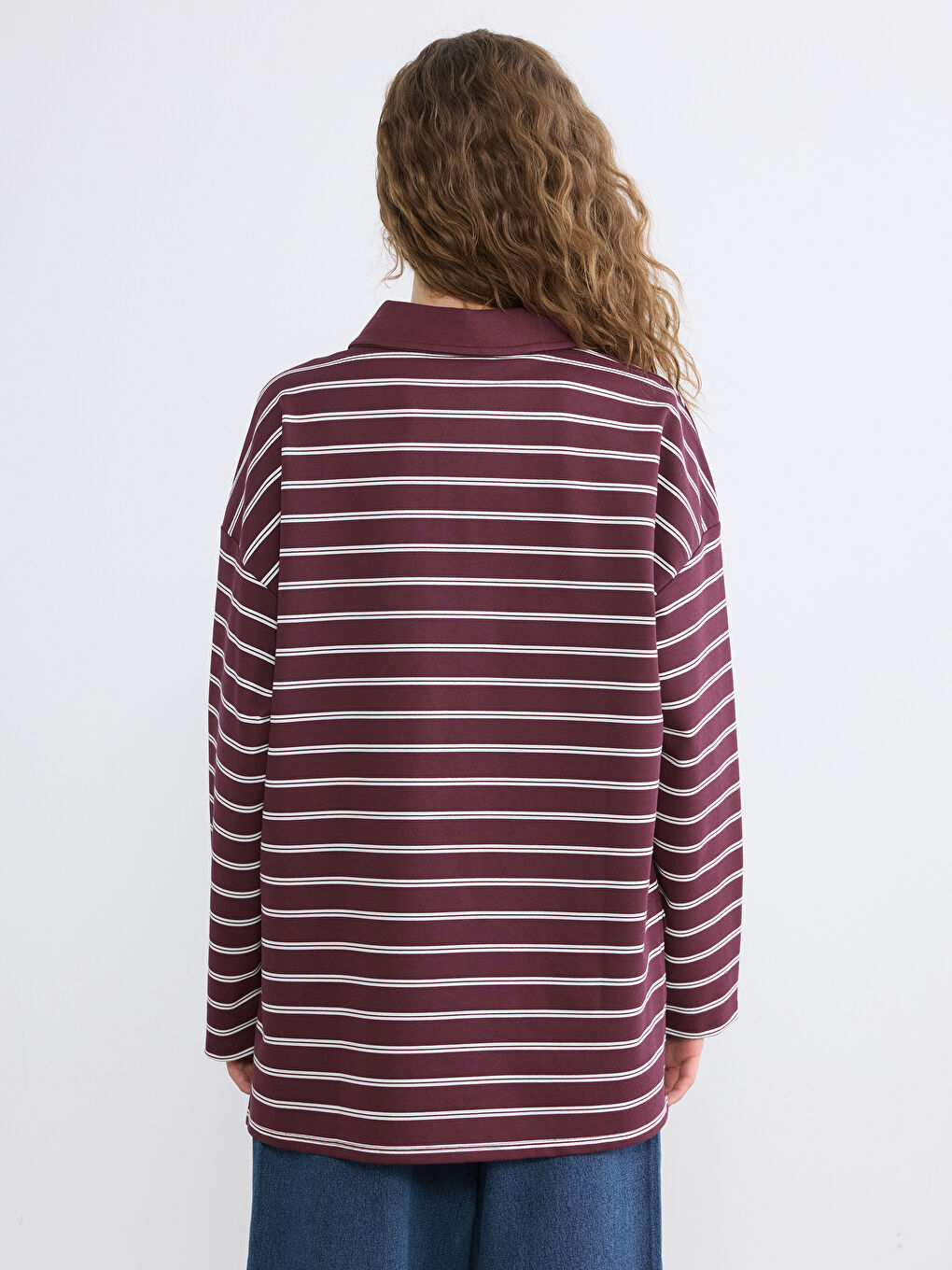 Mürdüm Polo Yaka Çizgili Kadın Sweatshirt Tunik-3