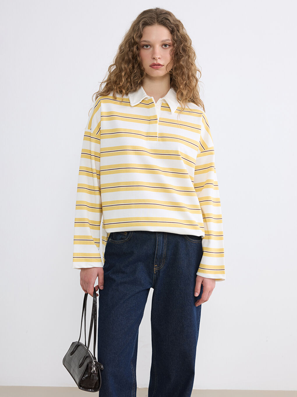 Sarı Polo Yaka Çizgili Kadın Sweatshirt Tunik