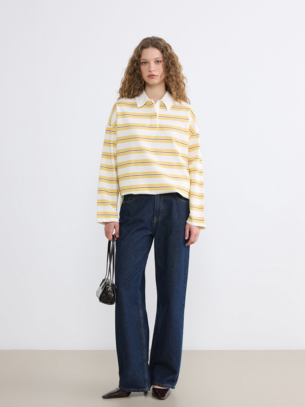 Sarı Polo Yaka Çizgili Kadın Sweatshirt Tunik-1