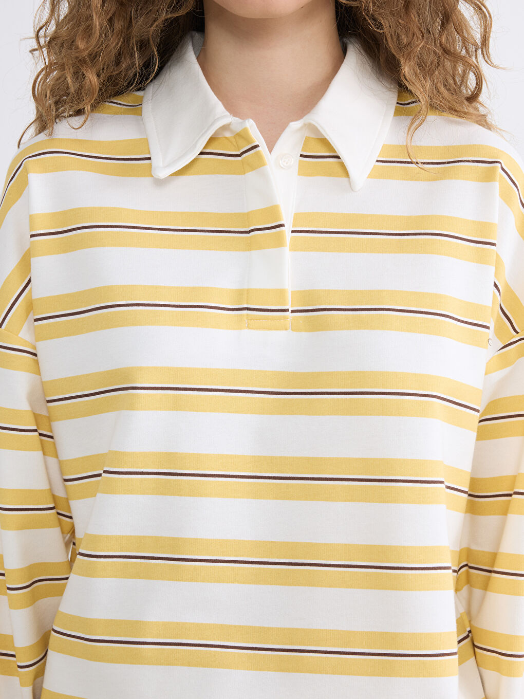 Sarı Polo Yaka Çizgili Kadın Sweatshirt Tunik-2
