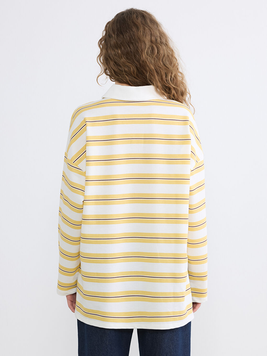 Sarı Polo Yaka Çizgili Kadın Sweatshirt Tunik-3