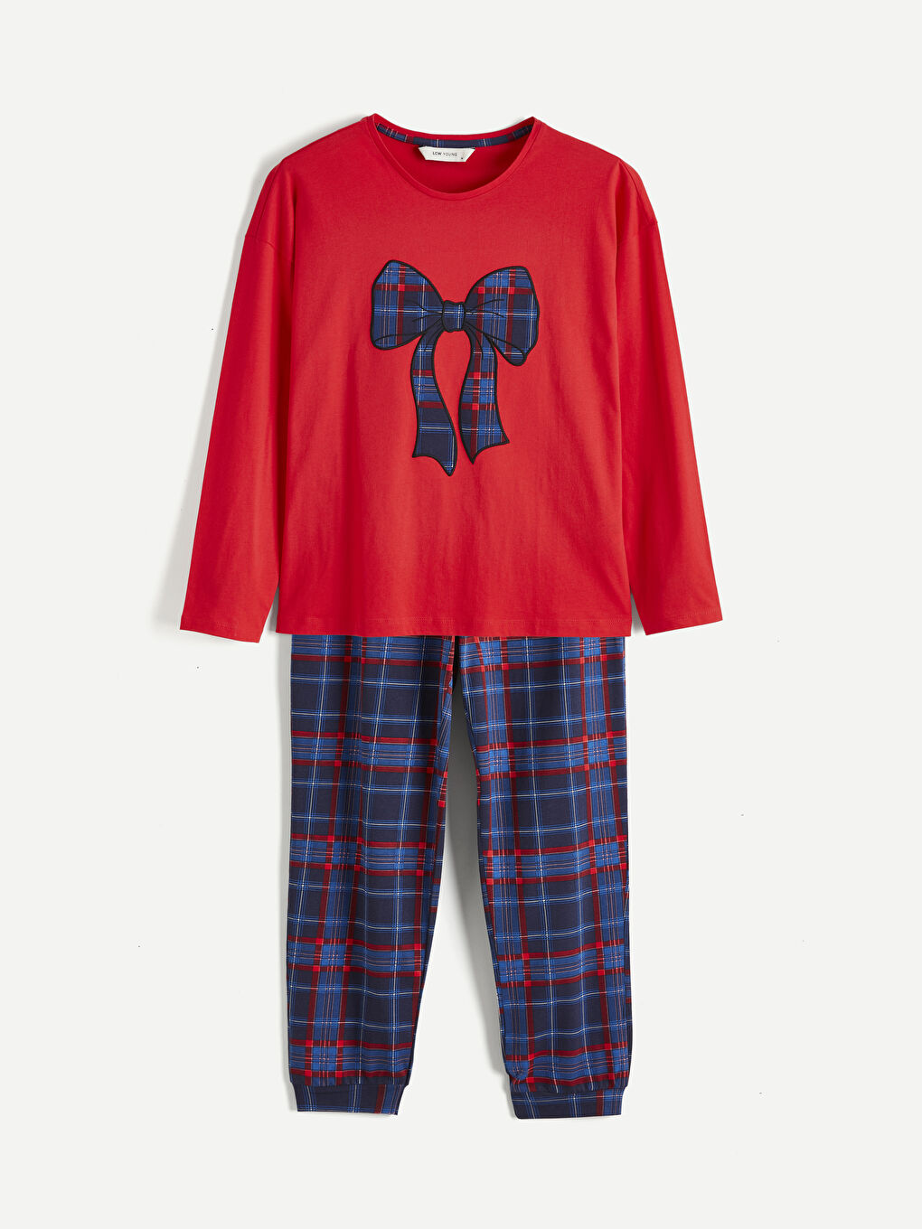 Lacivert Bisiklet Yaka Fiyonk Nakışlı Kadın Pijama Takım