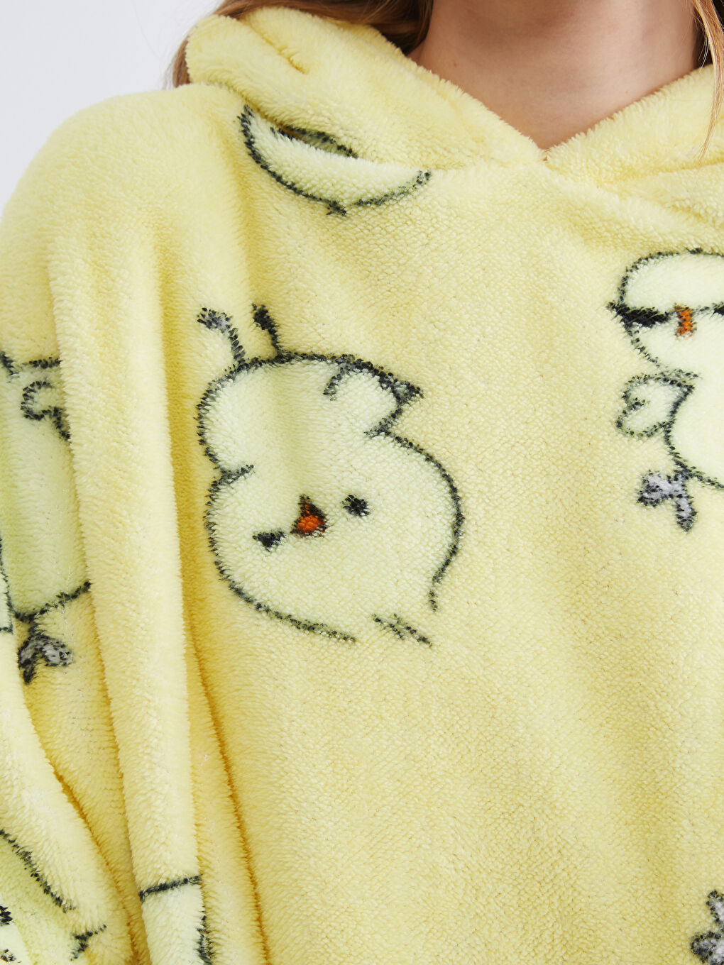 Sarı Kapüşonlu Oversize Kadın Pelüş Pijama Üstü-2